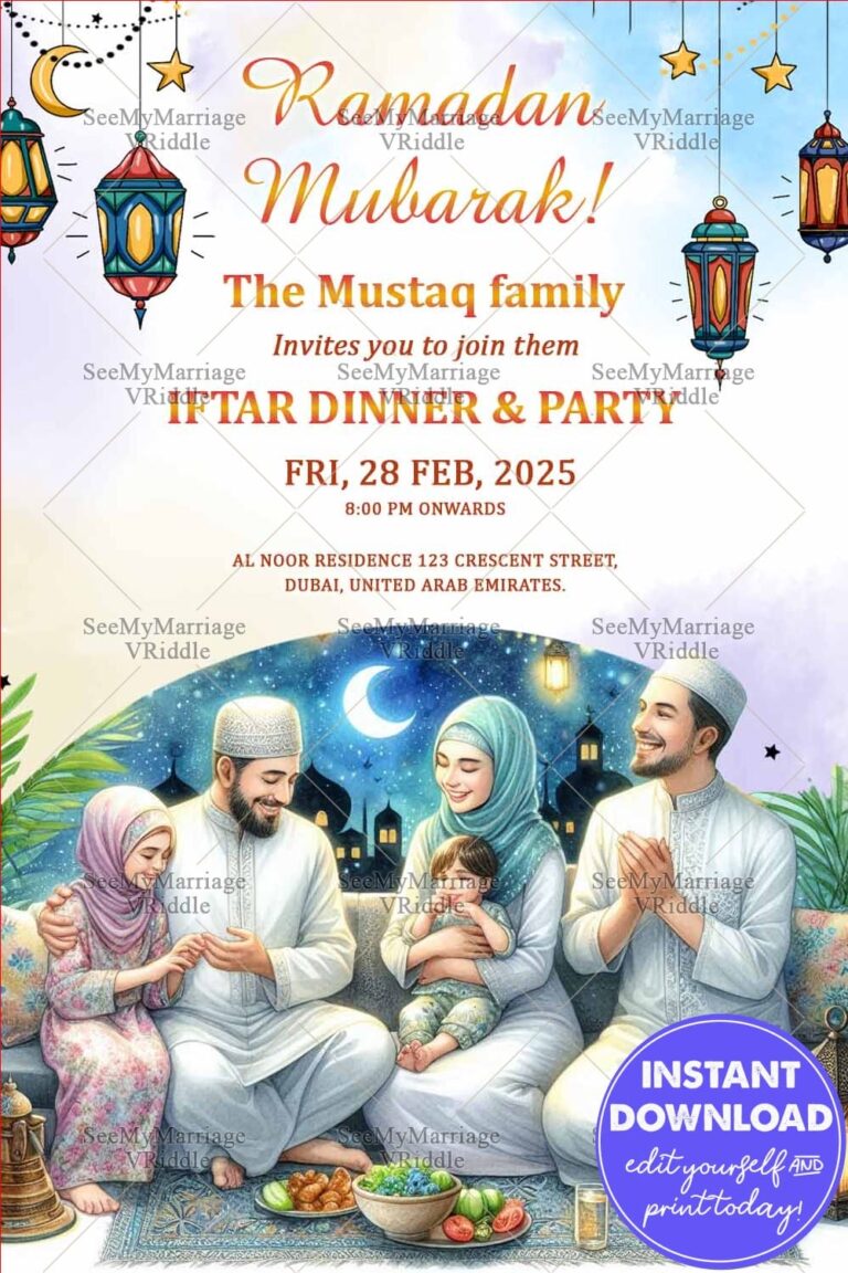 Ramadan Iftar Invitation with Family Bonding Scene, Food Spread and Warm Lantern Glow