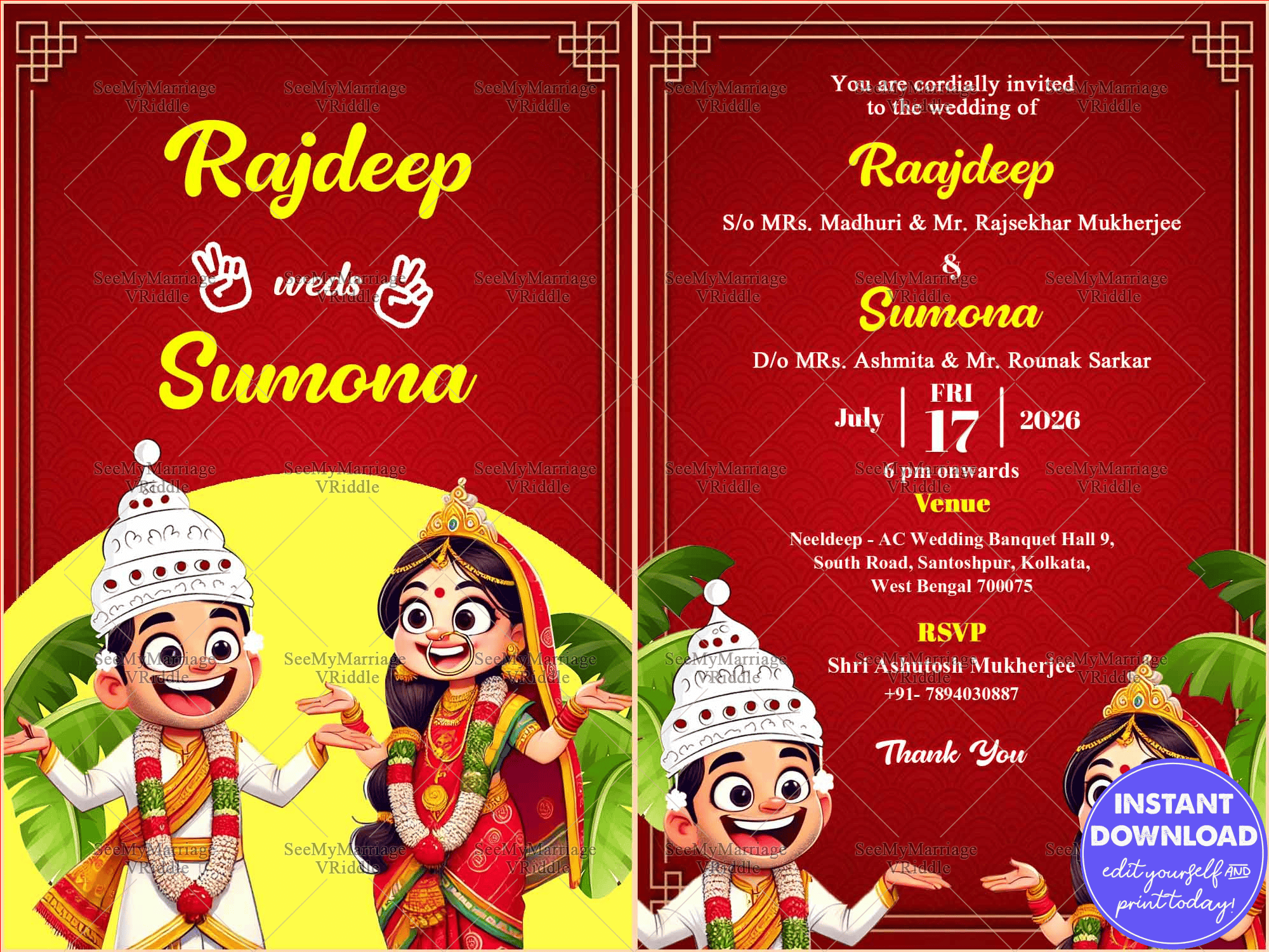 Animated Couple Bengali Wedding Invitation Card with Red & Yellow Festive Design