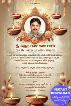Beautiful Memorial Invitation with Portrait, Golden Frame & Oil Lamps