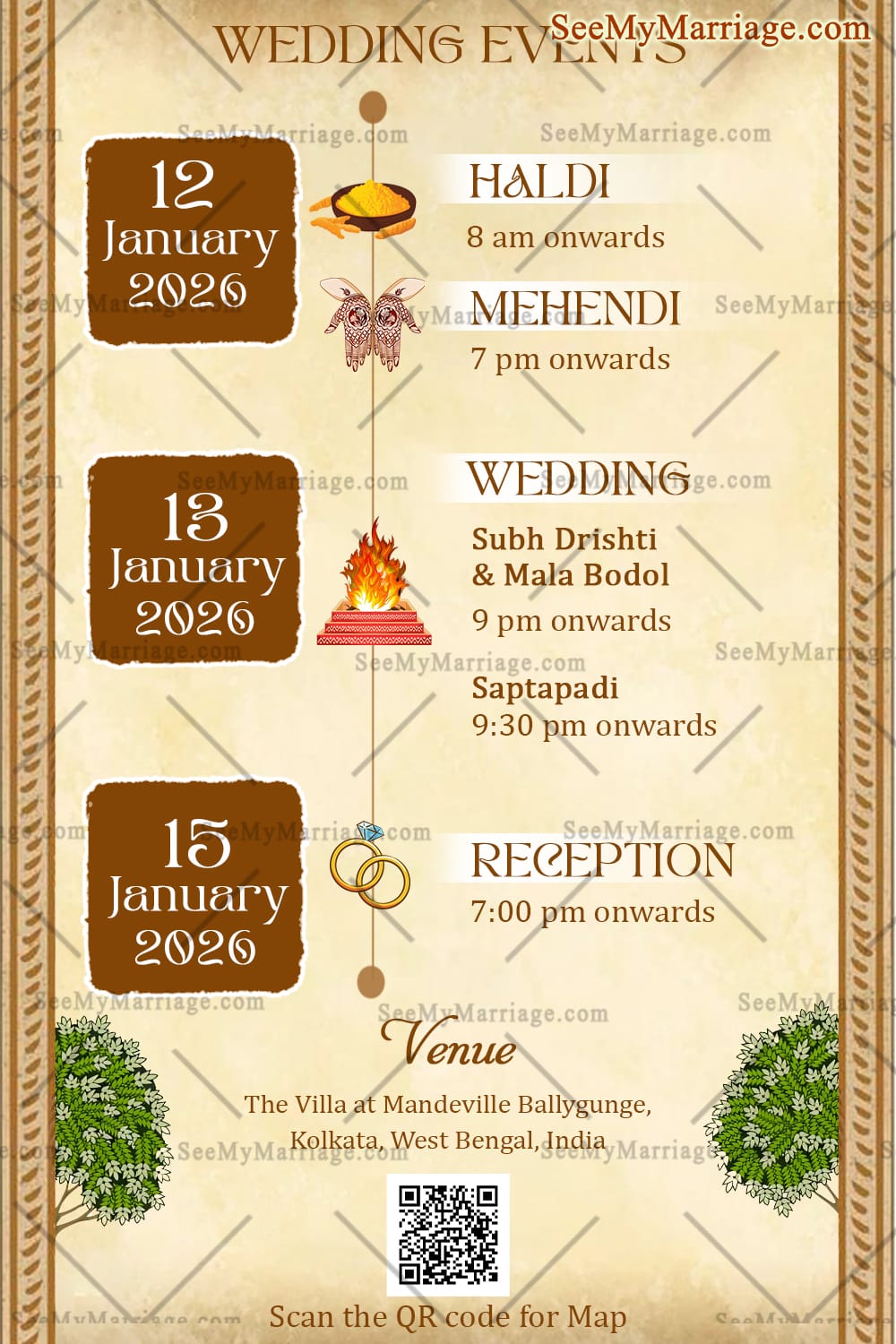 Rustic Elegance Bengali Wedding Invitation Card with Greenery, Peacocks and Add Bride and Groom Photo