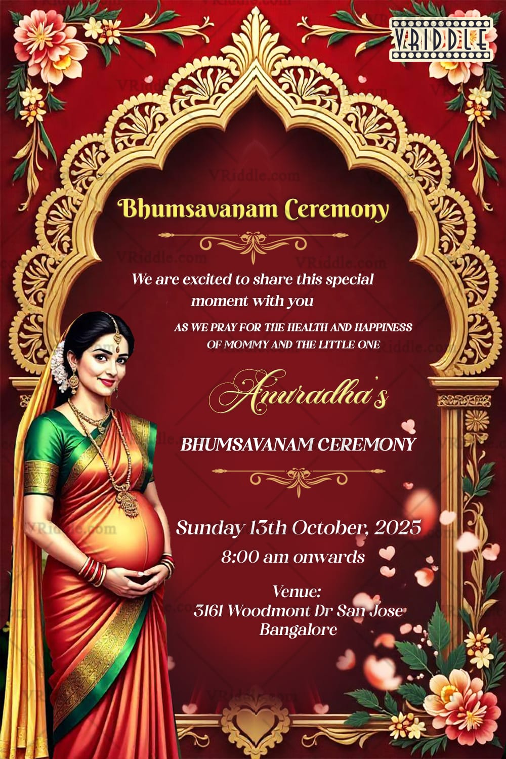 Bhumsavanam Ceremony Invitation with Pregnant Woman, Red & Gold Traditional Design and Floral Motifs