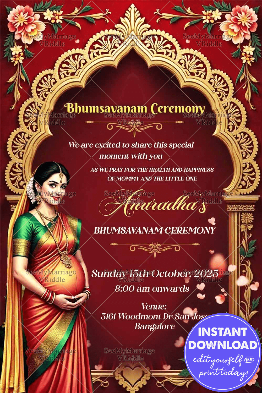 Bhumsavanam Ceremony Invitation with Pregnant Woman, Red & Gold Traditional Design and Floral Motifs
