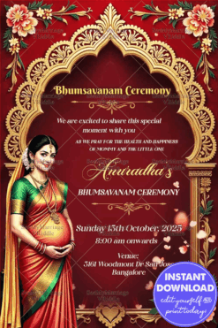 Bhumsavanam Ceremony Invitation with Pregnant Woman, Red & Gold Traditional Design and Floral Motifs
