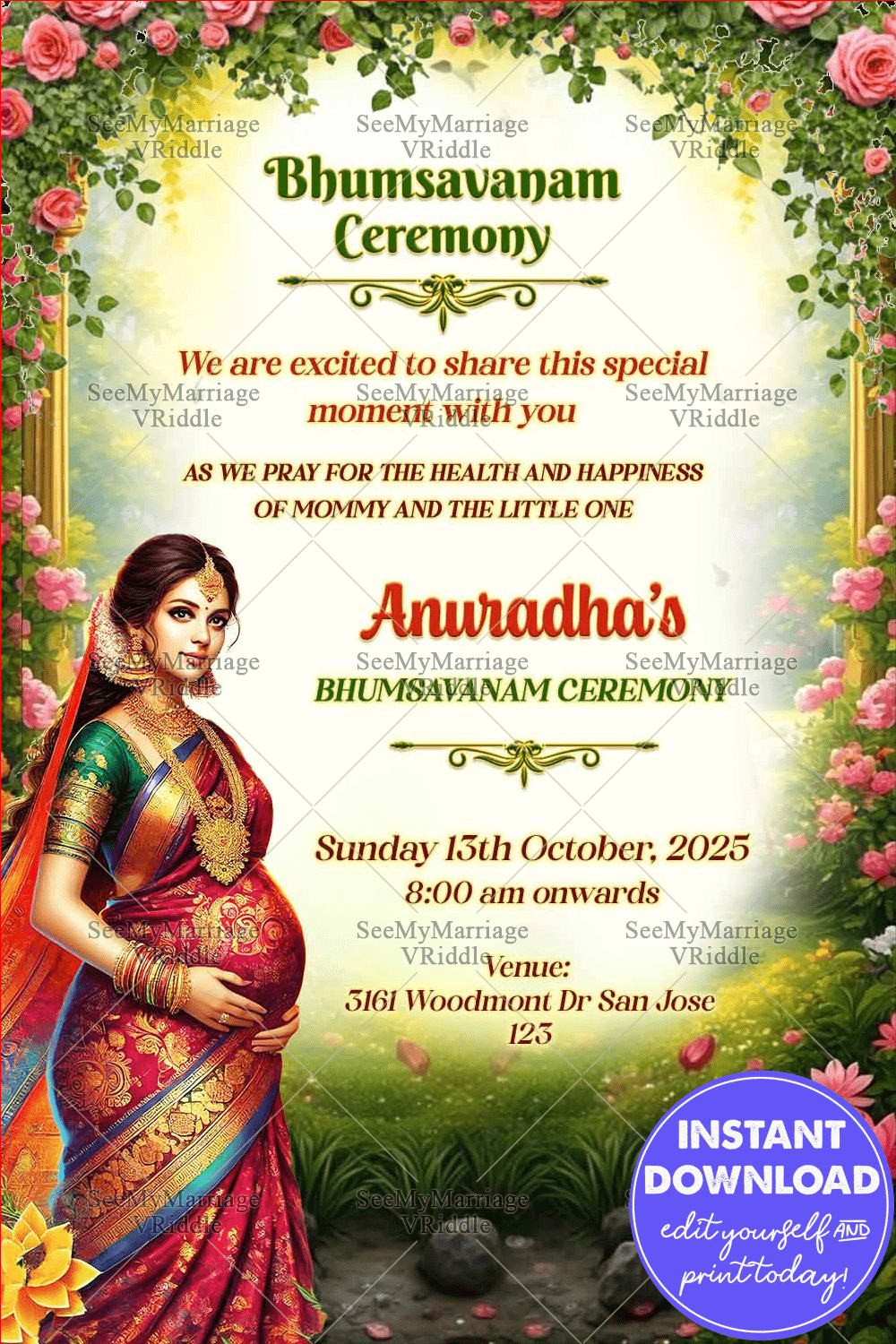 Bhumsavanam Invitation Card with Pregnant Woman, Garden Theme and Floral Accents