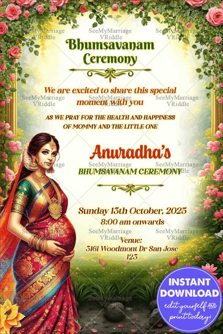 Pumsavana ceremony Invitation Card with Pregnant Woman, Garden Theme and Floral Accents