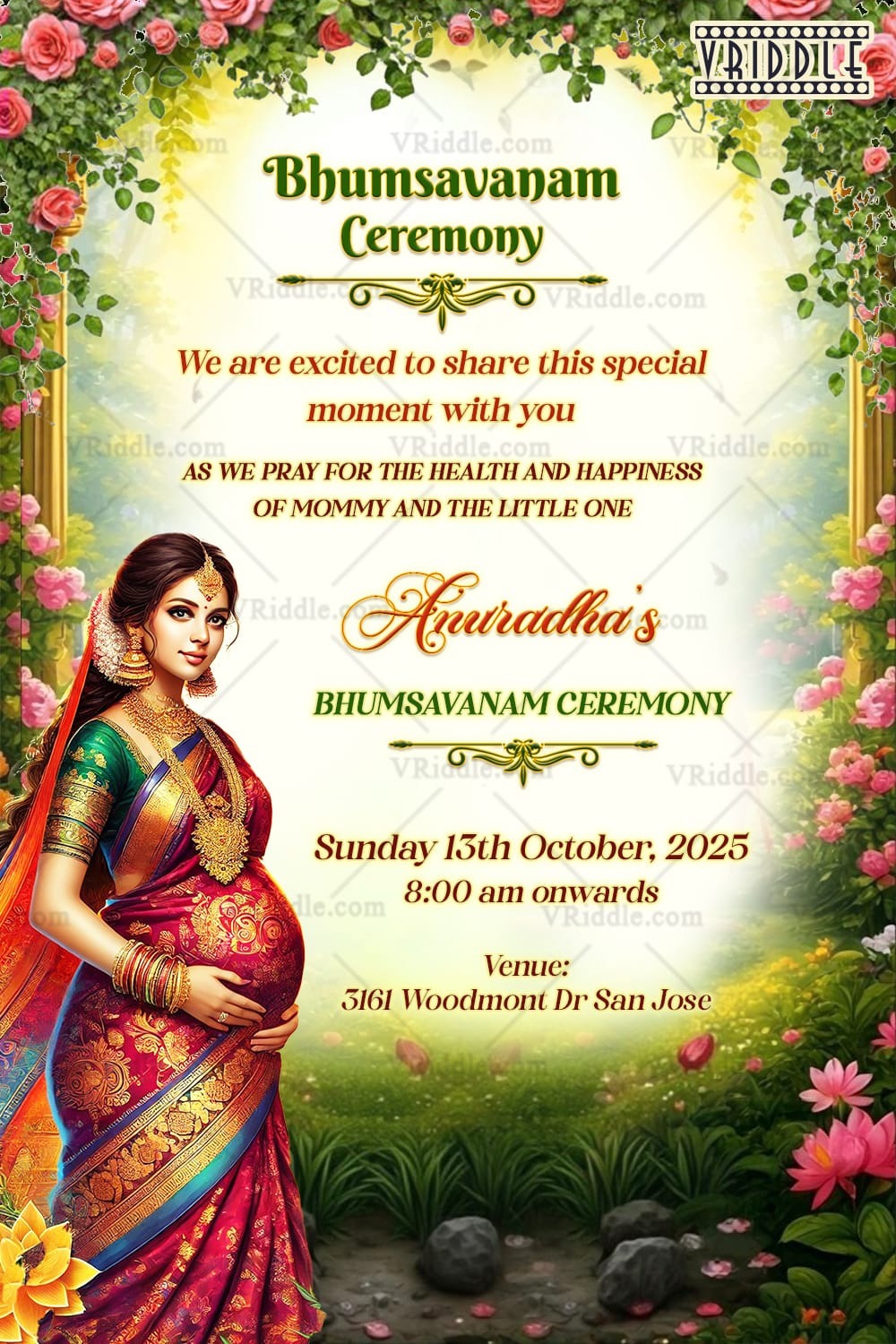 Bhumsavanam Invitation Card with Pregnant Woman, Garden Theme and Floral Accents