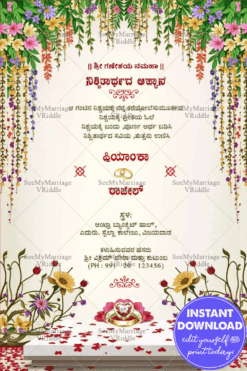 Blossom Theme & Ring Illustration Kannada Engagement Invitation Card with Hanging Flowers and Floral Decor
