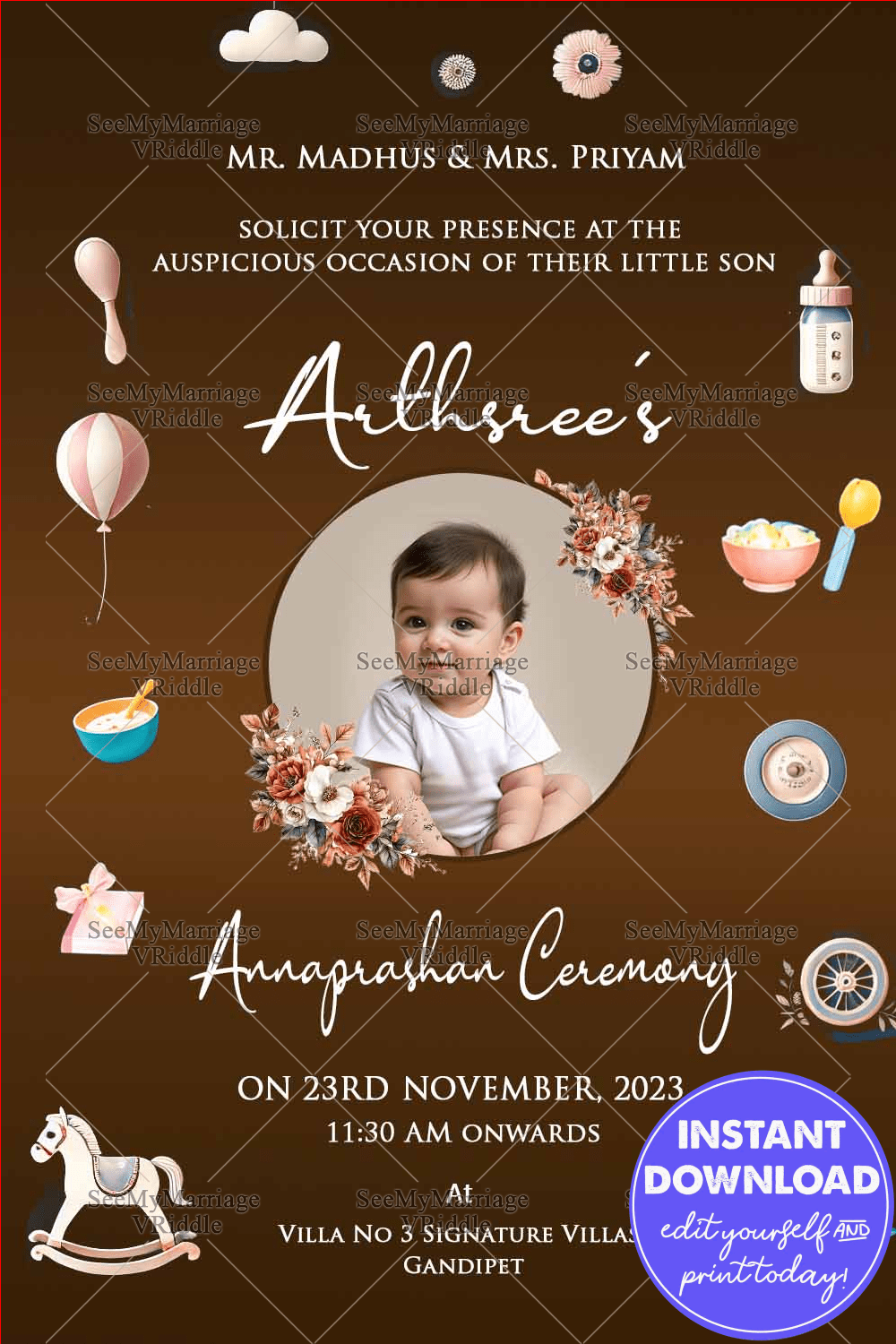 Brown-Themed Annaprashan Invitation with Custom Photo, Baby Rattles, Rocking Horse, Toys