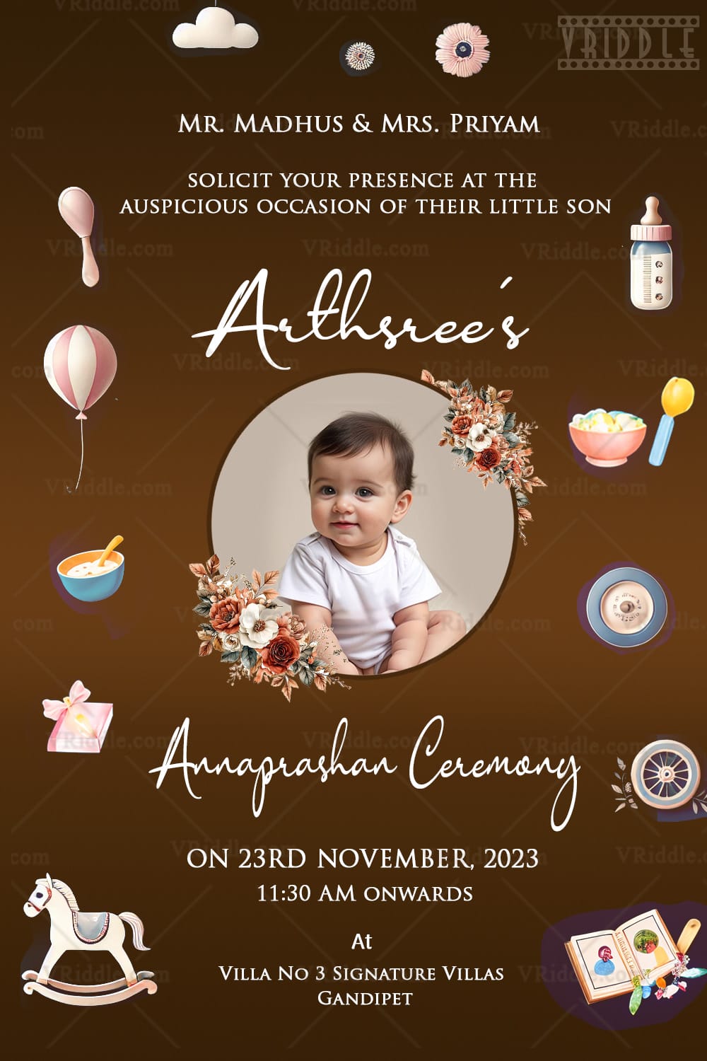 Brown-Themed Annaprashan Invitation with Custom Photo, Baby Rattles, Rocking Horse, Toys