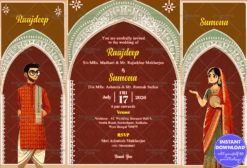 Brown and Green Tones Background Bengali Wedding Invitation with Bride & Groom Portrait and Artistic Arch Design