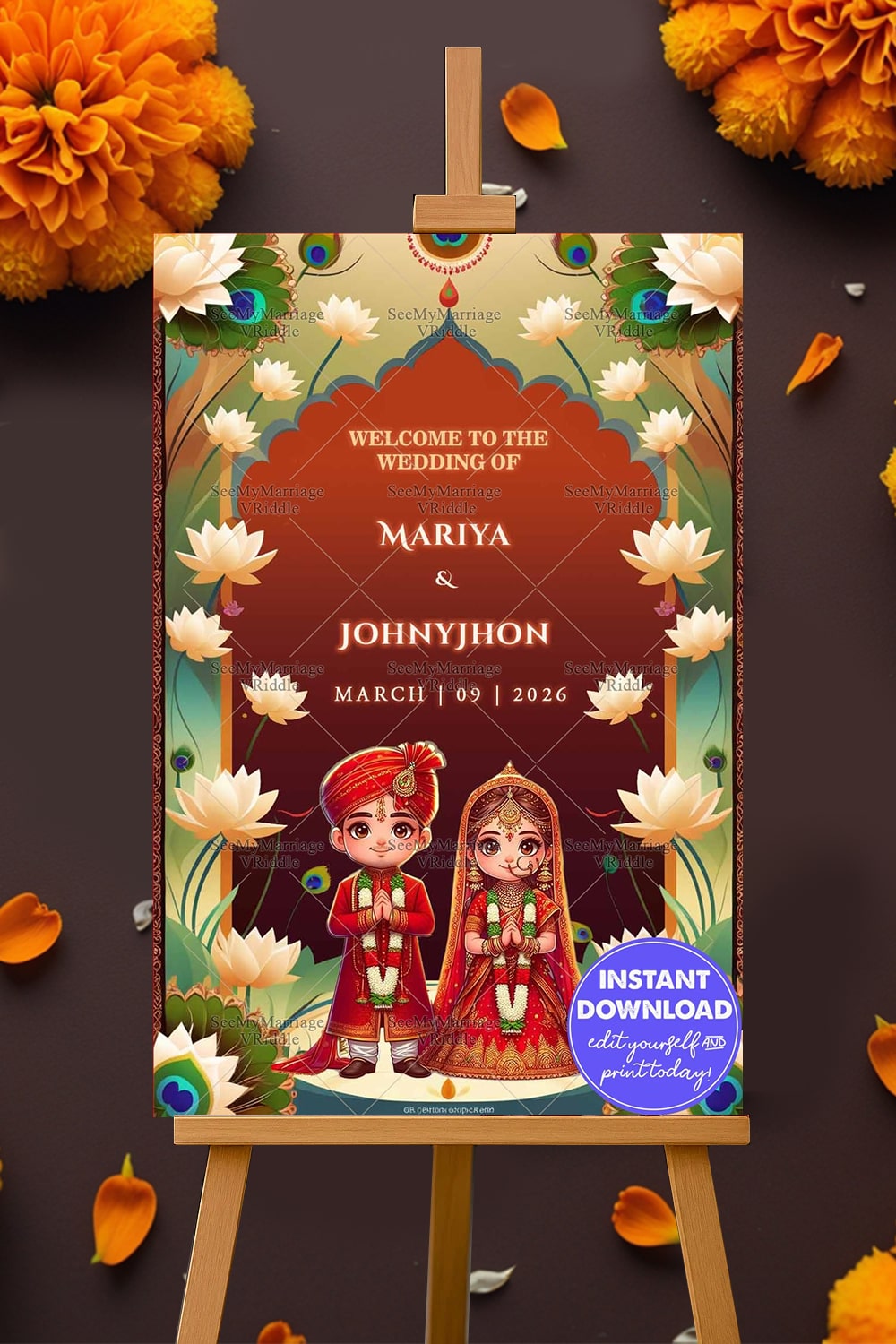 Cartoon Bride & Groom Wedding Invitation with Lotus Theme & Traditional Motifs