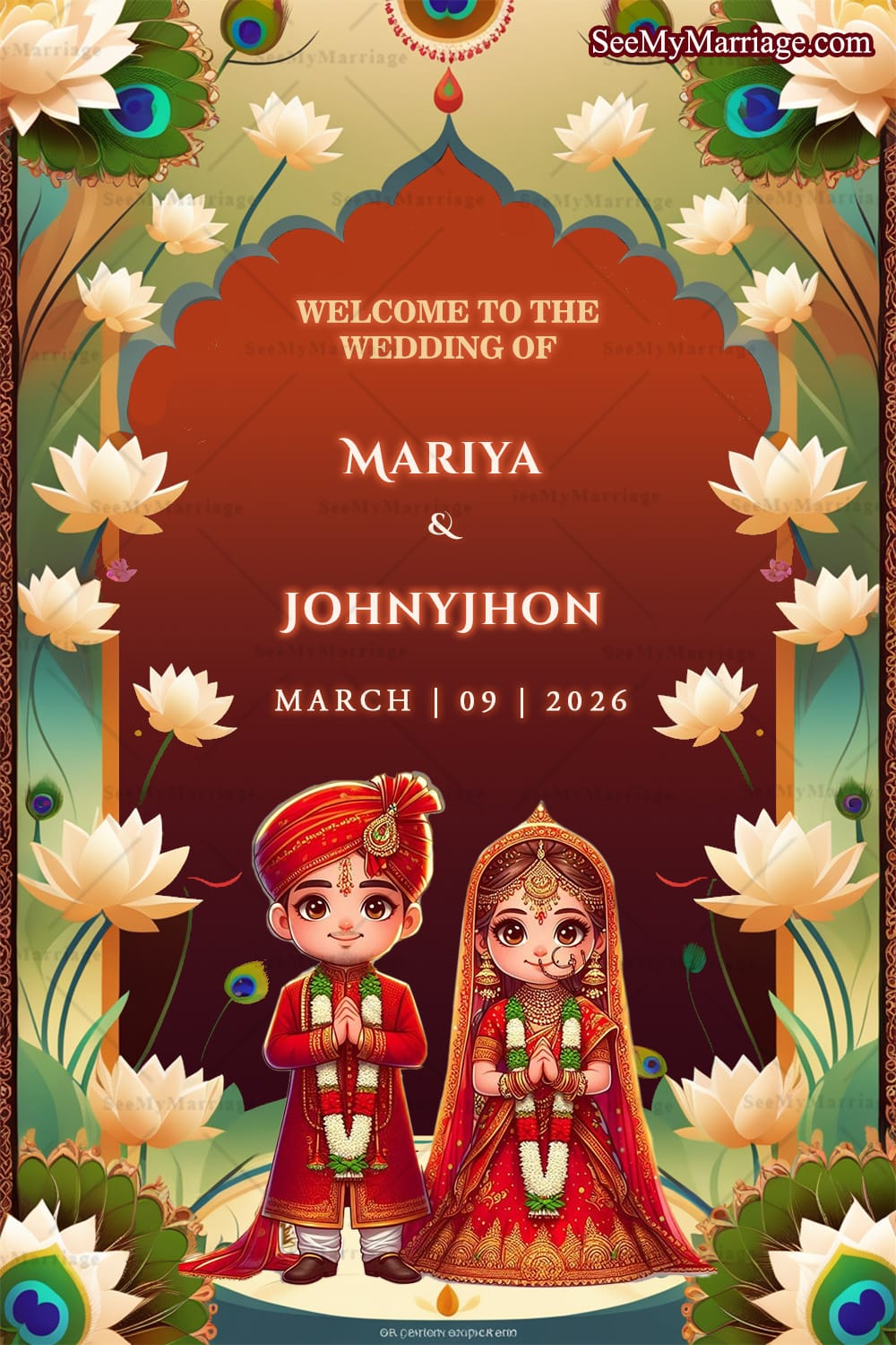 Cartoon Bride & Groom Wedding Invitation with Lotus Theme & Traditional Motifs
