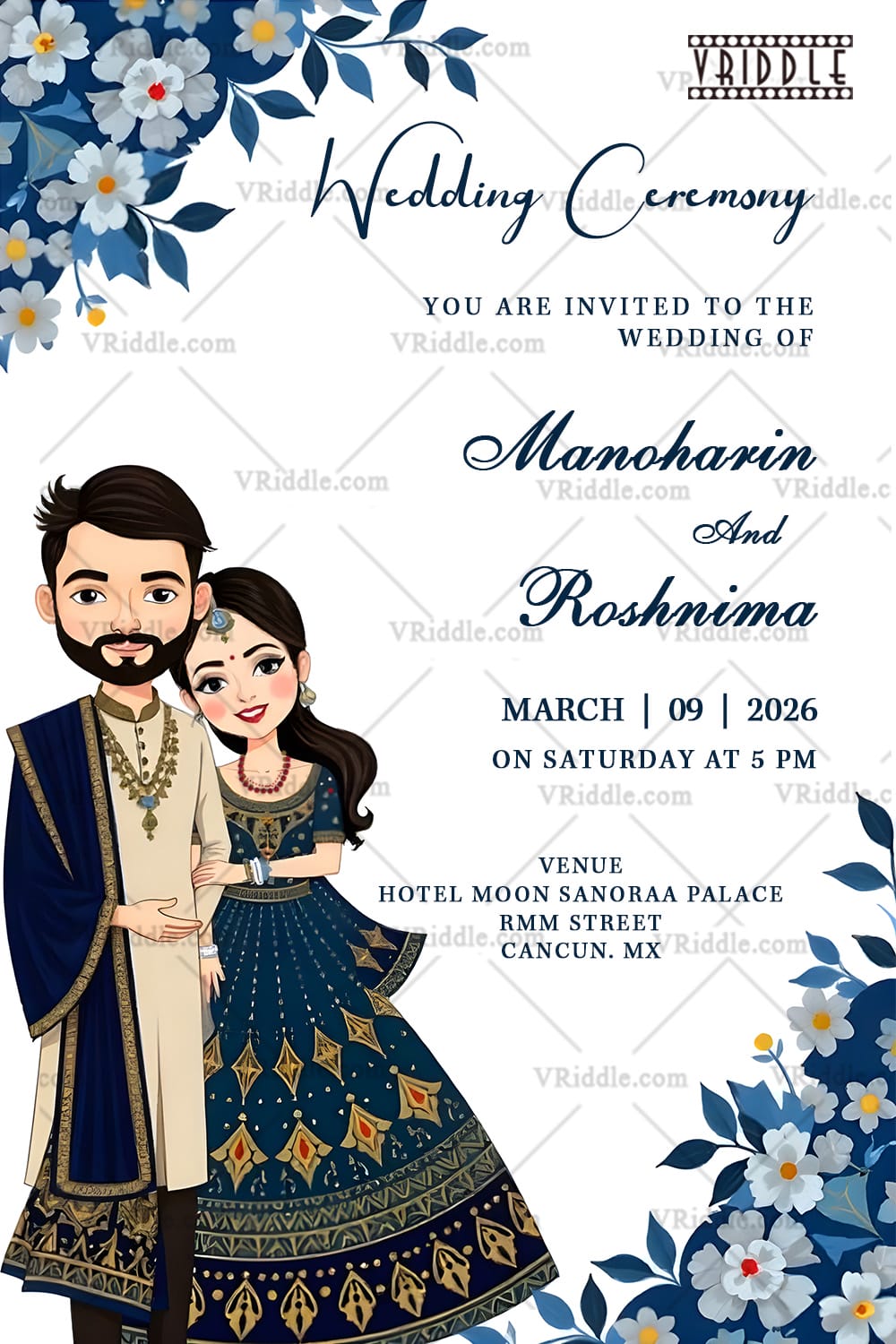 Cartoon-Style Wedding Invitation Card with Traditional Outfits, Navy Blue & White Theme