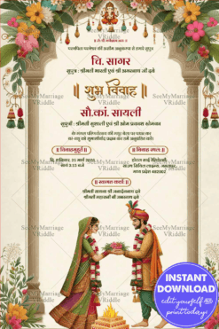 Cream Background & Agni Ritual Theme Hindi Wedding Invitation with Bride & Groom Illustration