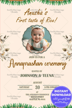 Cream Theme Add Photo Annaprashan Invitation with Floral and Greenery Accents