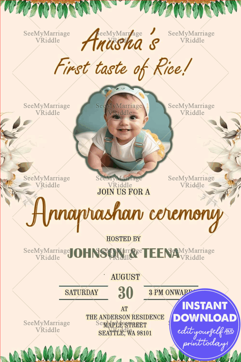 Cream Theme Add Photo Annaprashan Invitation with Floral and Greenery Accents