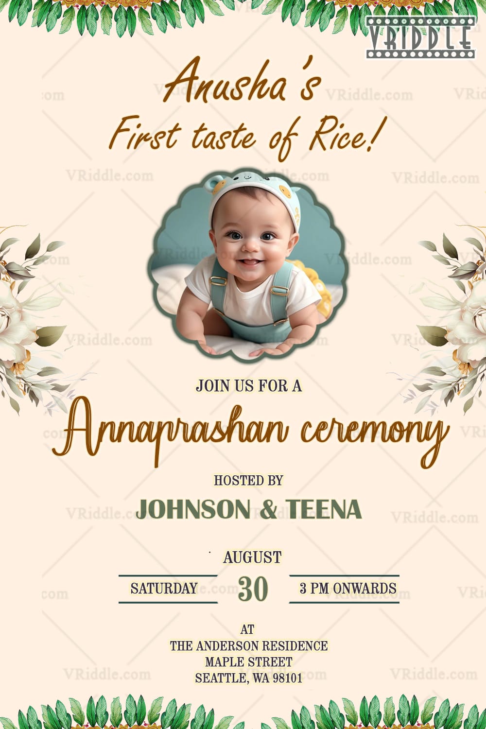 Cream Theme Add Photo Annaprashan Invitation with Floral and Greenery Accents