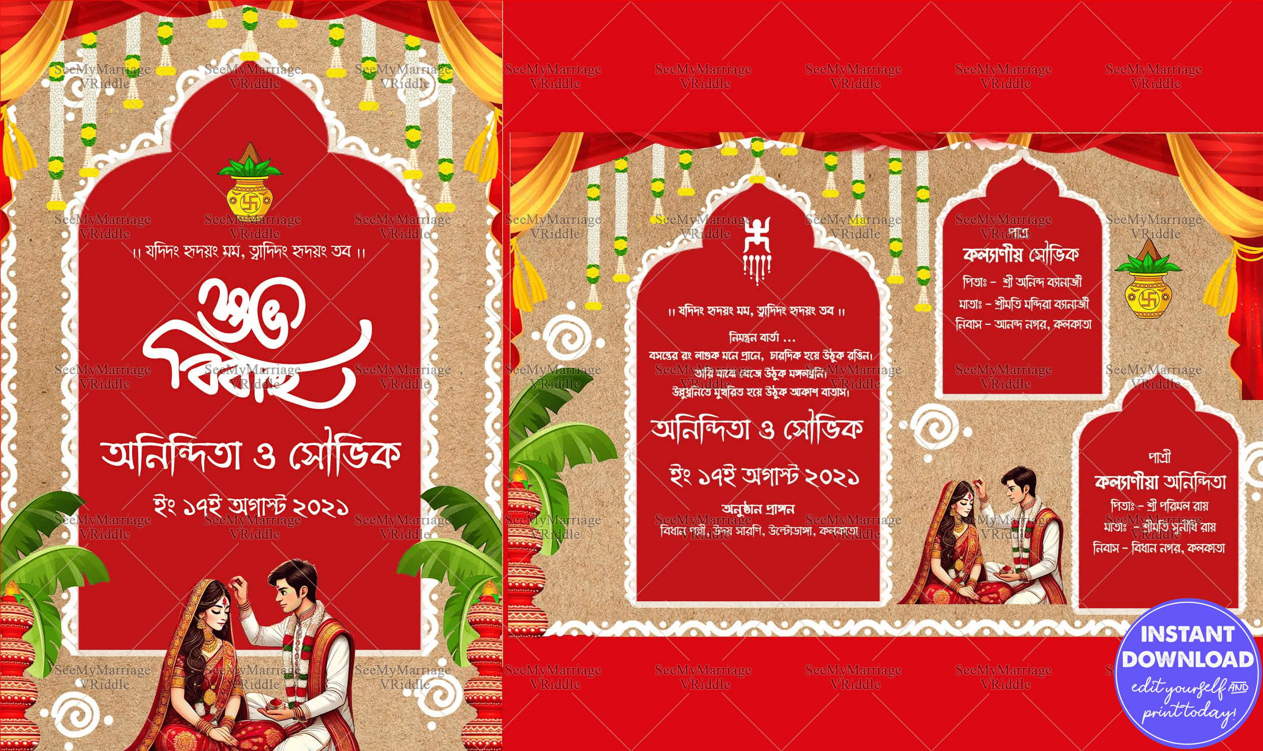 Cultural Bengali Wedding Invitation with Red-Beige Aesthetic and Mandap Decor