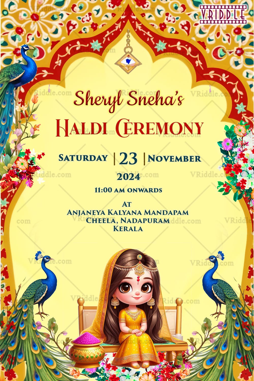 Cute Bride Haldi Ceremony Invitation with Peacocks & Floral Arch Design