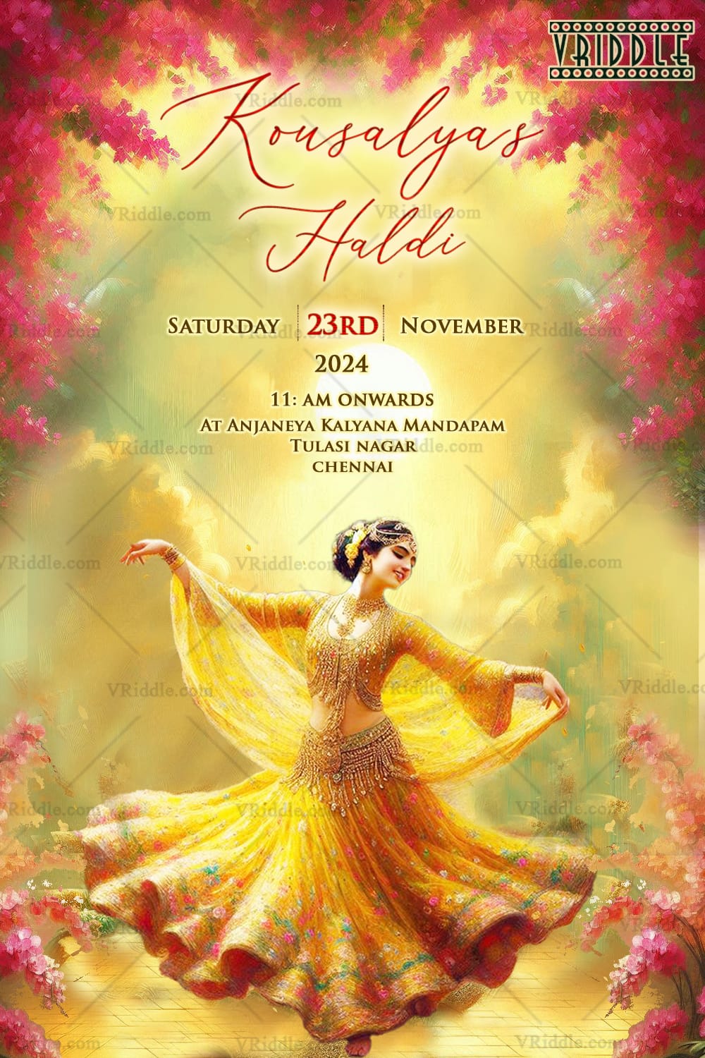 Dancing Bride Haldi Invitation with Yellow and Gold Theme, Floral Design