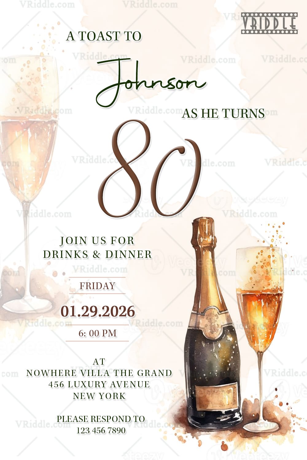 Elegant Champagne-Themed Birthday Invitation Card with Drinks & Dinner Celebration