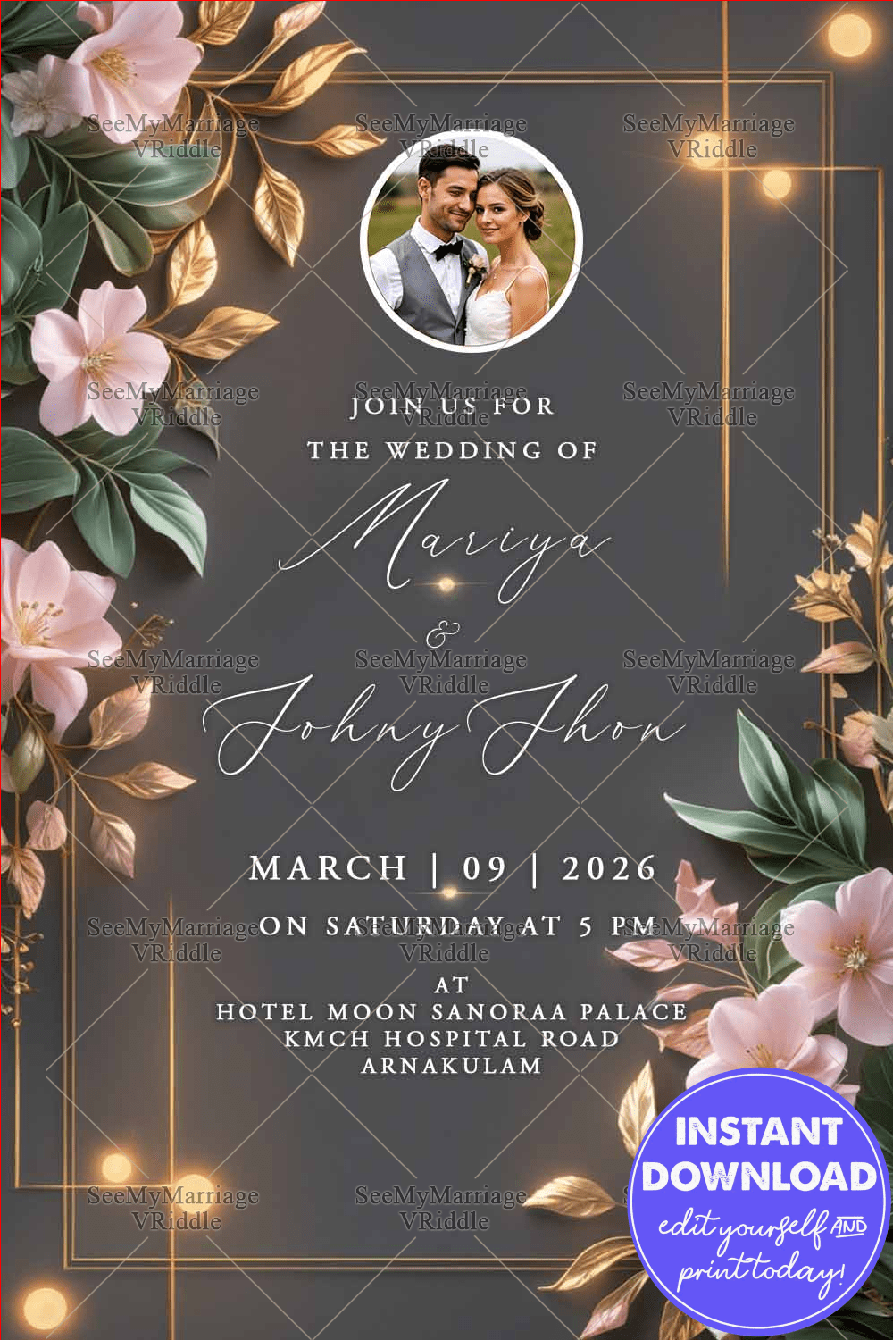 Elegant Floral Wedding Invitation with Couple Portrait, Dark Gray, Gold & Pink Design