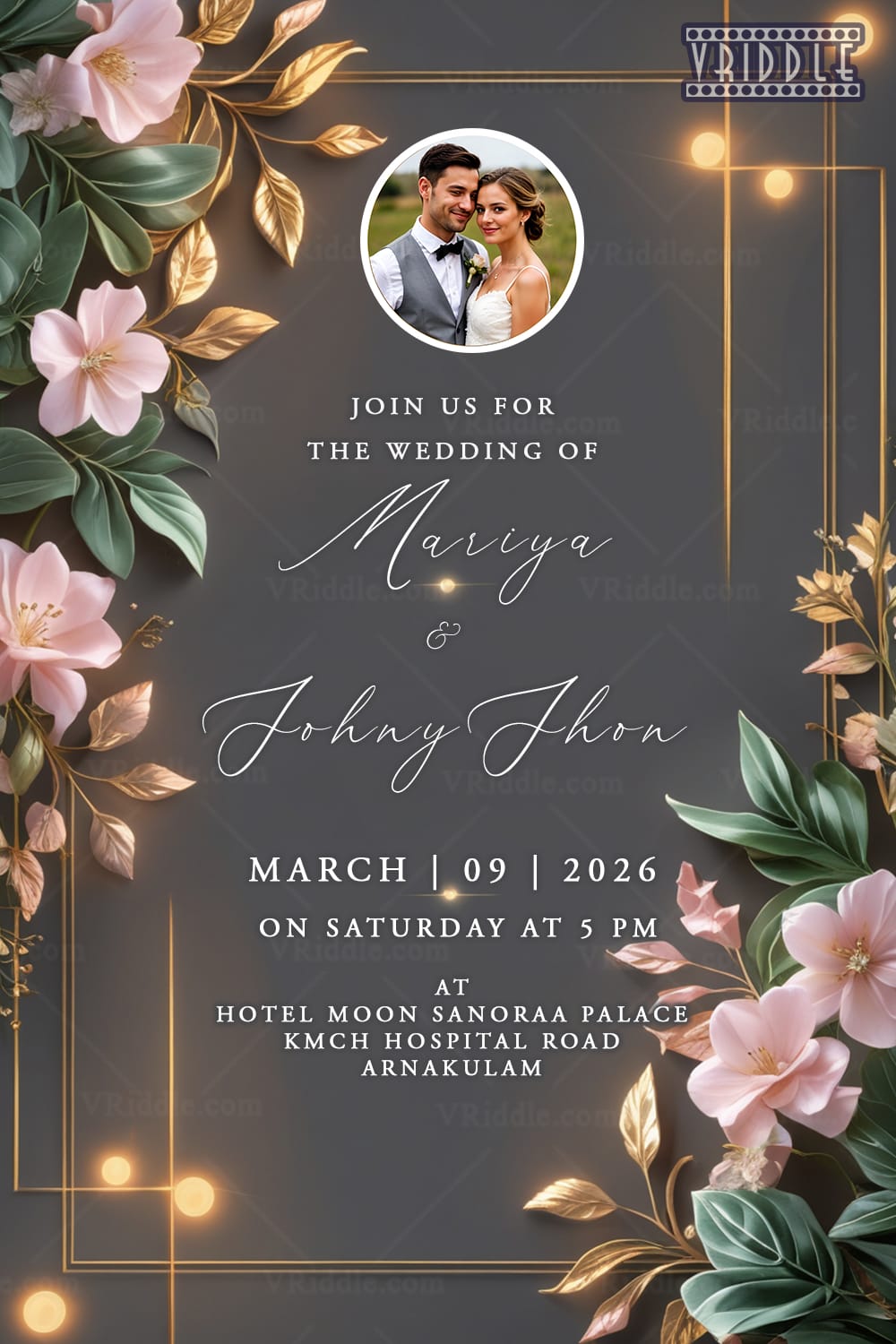Elegant Floral Wedding Invitation with Couple Portrait, Dark Gray, Gold & Pink Design