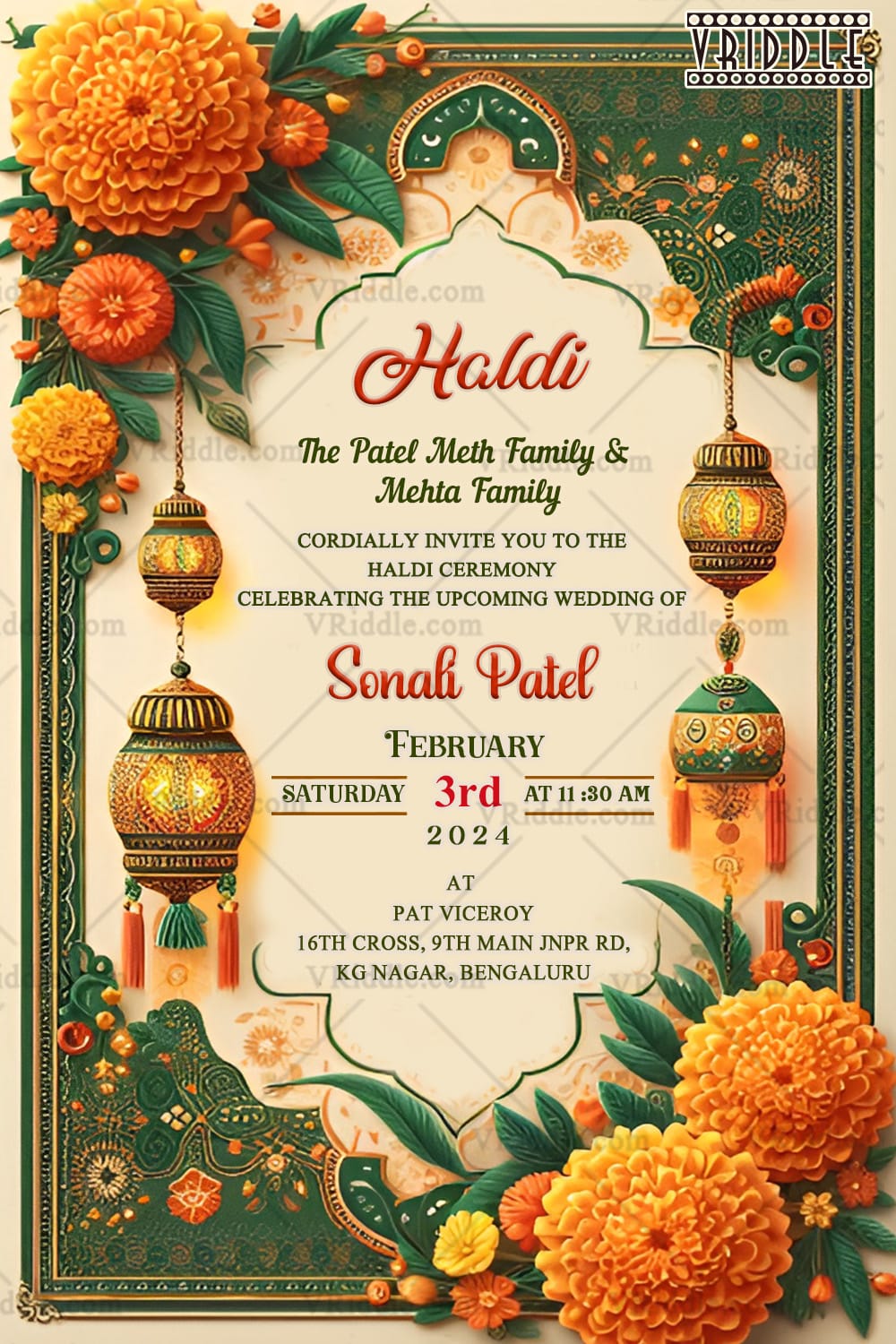Elegant Haldi Ceremony Card with Marigold & Lantern Decor