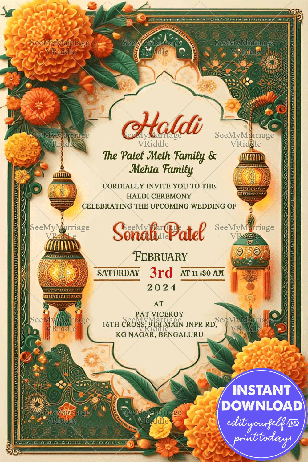 Elegant Haldi Ceremony Card with Marigold & Lantern Decor