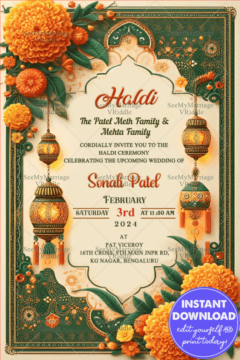 Elegant Haldi Ceremony Card with Marigold & Lantern Decor