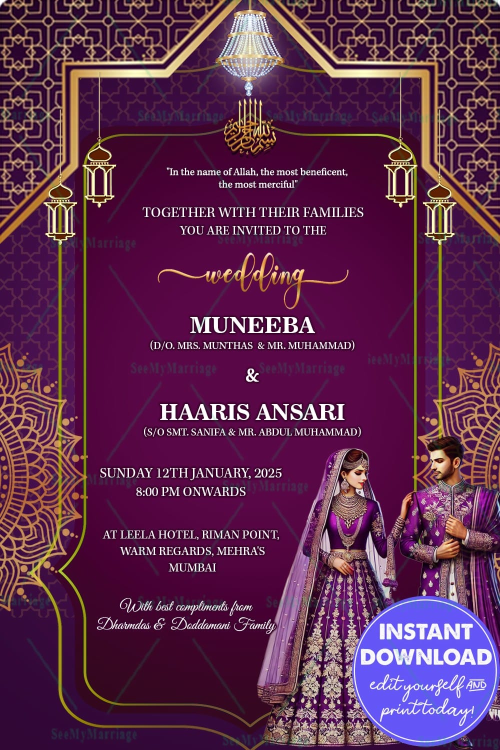 Elegant Purple & Gold Wedding Invitation with Bride & Groom Illustration, Chandelier & Lanterns