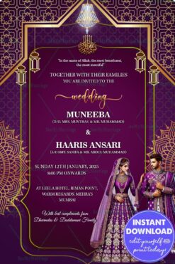 Elegant Purple & Gold Wedding Invitation with Bride & Groom Illustration, Chandelier & Lanterns