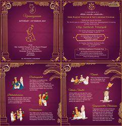 Purple and Gold Elegant Upanayanam Ceremony Card with Family Event Details & Ritual Illustrations