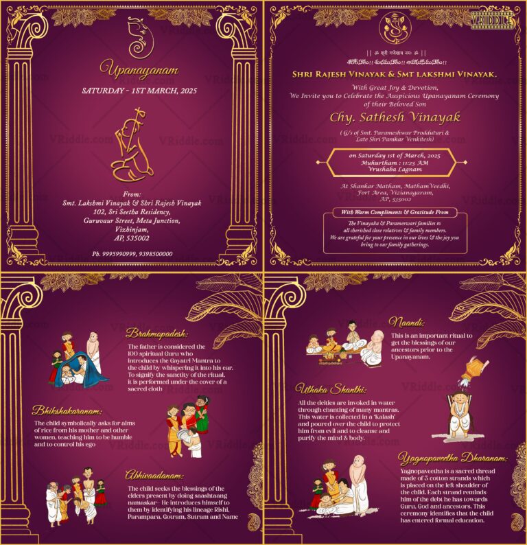 Purple and Gold Elegant Upanayanam Ceremony Card with Family Event Details & Ritual Illustrations