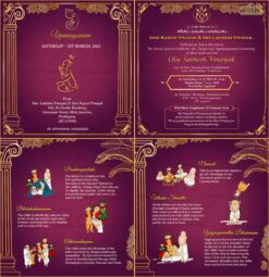 Purple and Gold Elegant Upanayanam Ceremony Card with Family Event Details & Ritual Illustrations