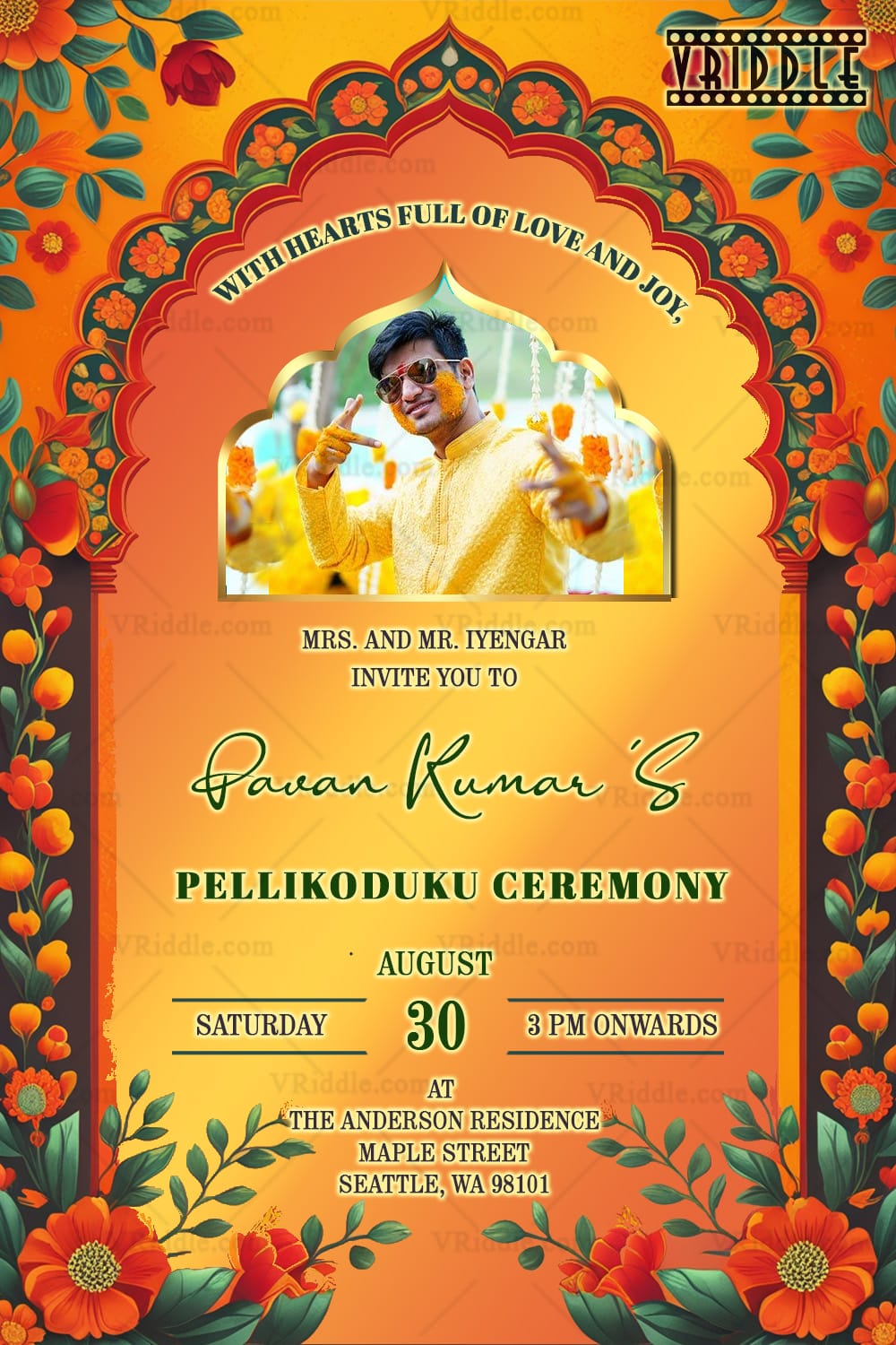 Festive Haldi Ceremony Card with Add Photo and Floral Orange-Gold Accents Design