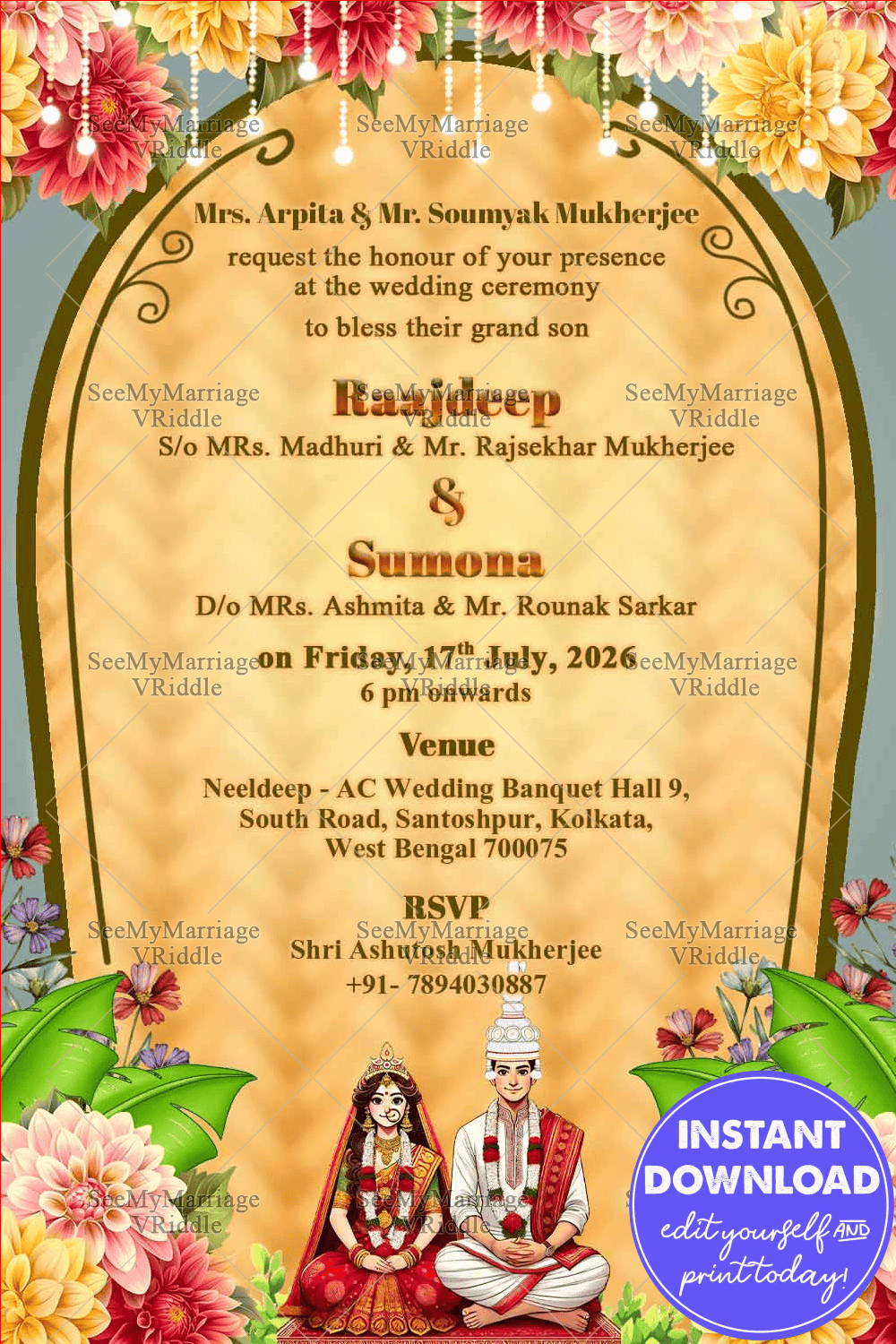 Floral Elegance Bengali Wedding Invitation with Bride & Groom Sitting in a Wedding Pose and Traditional Design