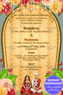 Floral Elegance Bengali Wedding Invitation with Bride & Groom Sitting in a Wedding Pose and Traditional Design