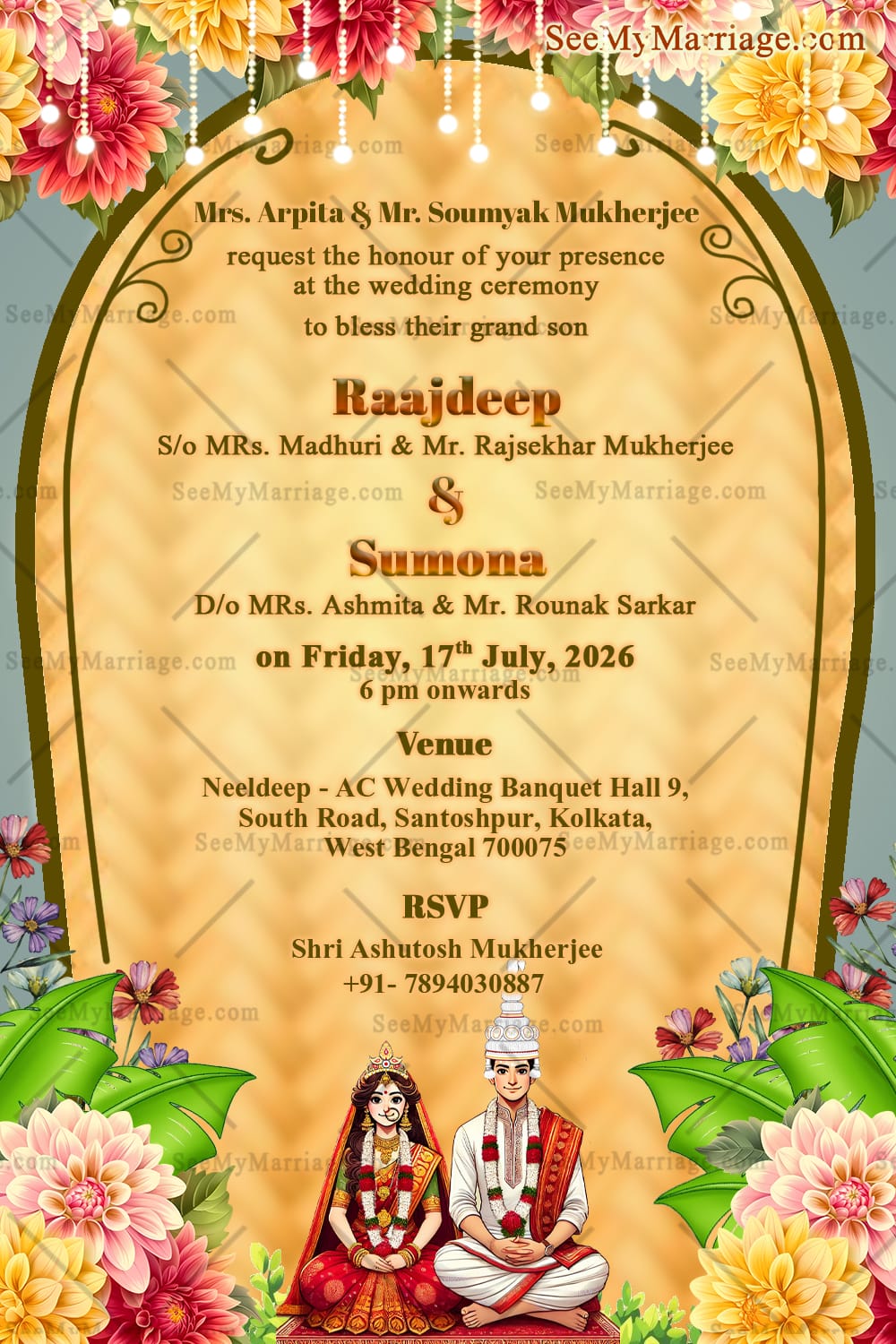 Floral Elegance Bengali Wedding Invitation with Bride & Groom Sitting in a Wedding Pose and Traditional Design