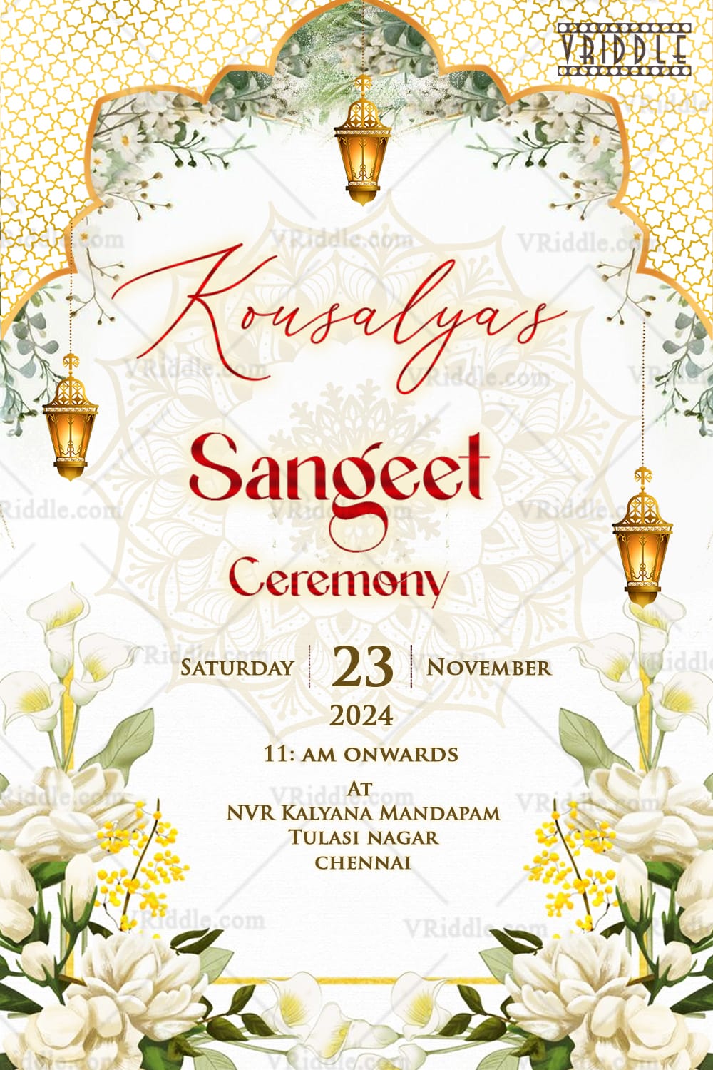 Floral & Gold Sangeet Ceremony Card with Hanging Lanterns & Mandala Patterns