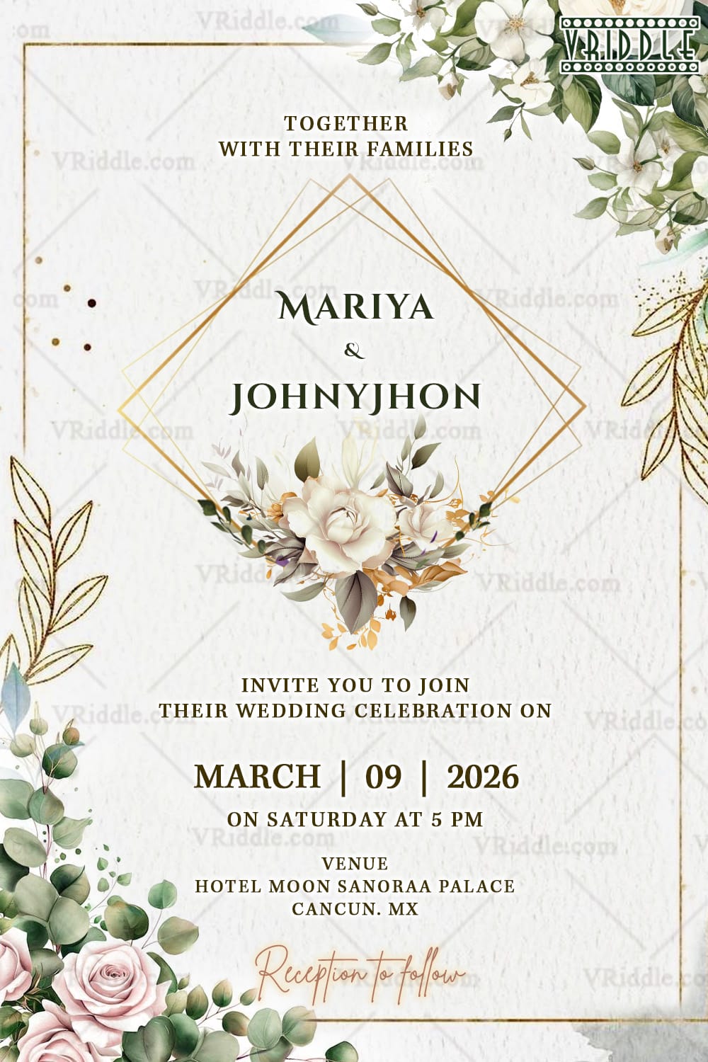 Floral & Gold Wedding Invitation Card with Geometric Frame & Roses