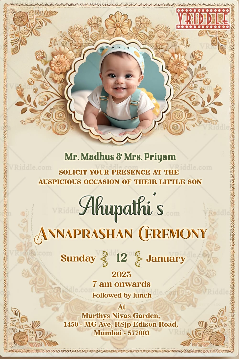 Gold Florals Annaprasana Invitation with Baby Photo in Cream background