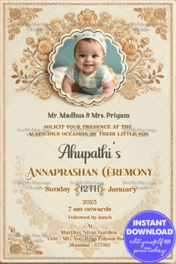 Gold Florals Annaprasana Invitation with Baby Photo in Cream background