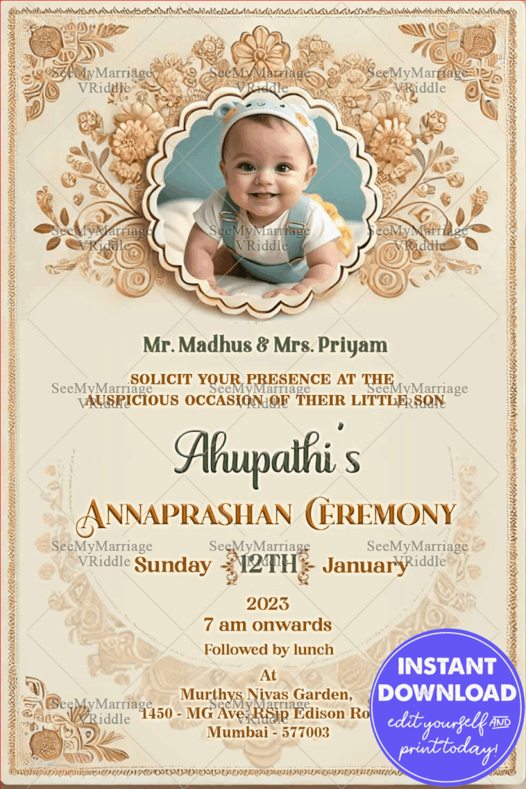 Gold Florals Annaprasana Invitation with Baby Photo in Cream background