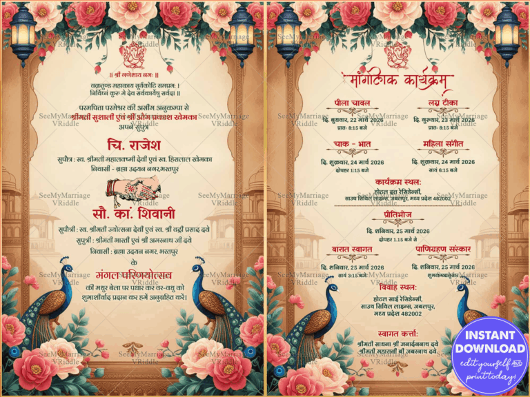 Gold Theme and Peacocks Hindi Wedding Invitation with Floral Accents and Lanterns