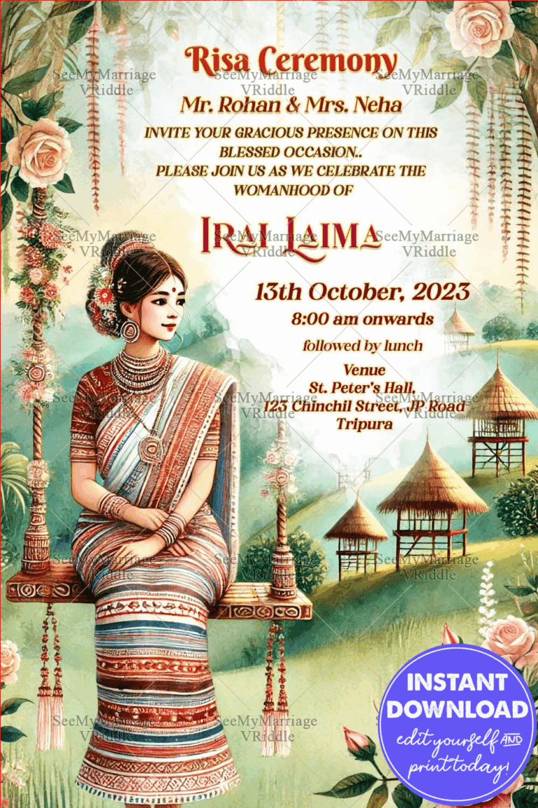 Graceful Swing Risa Ceremony Invitation with Green Hills and Traditional Roof Houses