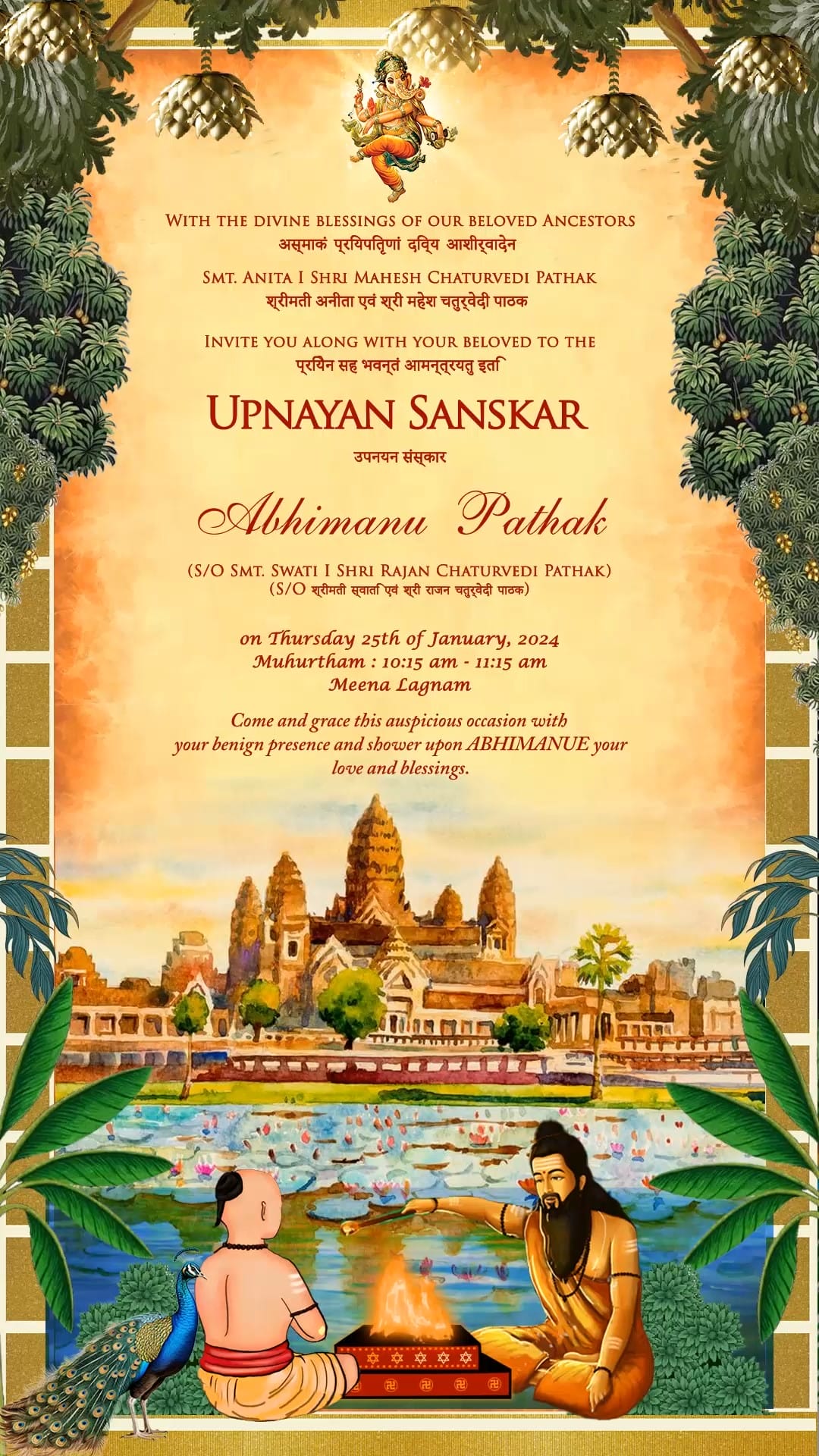 Guru Shishya Upanayan Invitation Video with Temple Heritage, River and Lotus Motifs