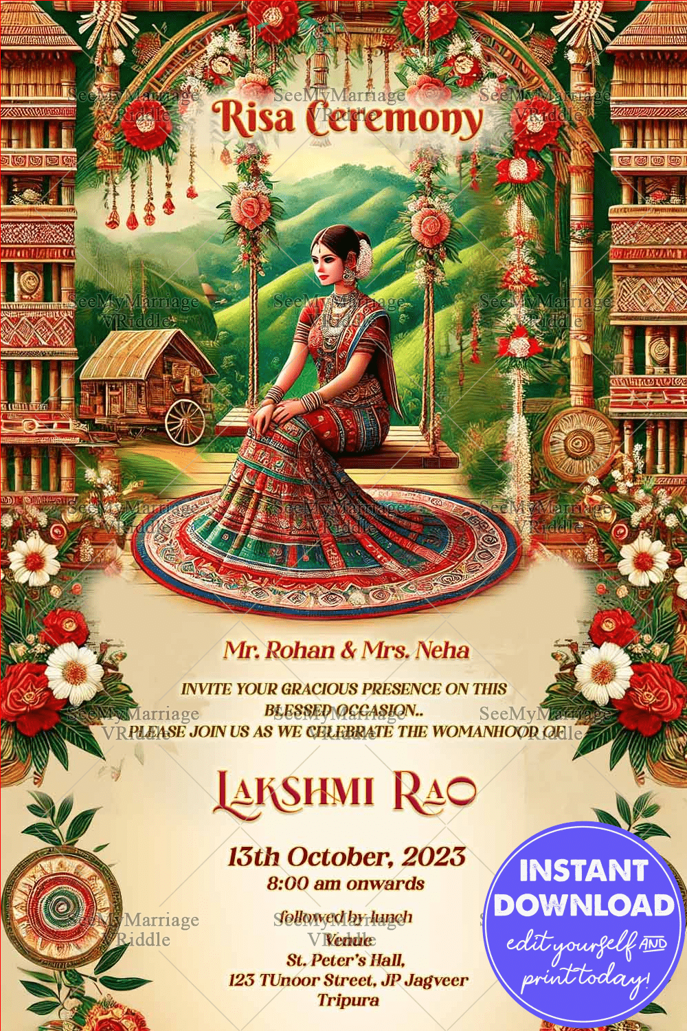 Heritage Swing Risa ceremony Invitation with Flowers and Traditional Architecture