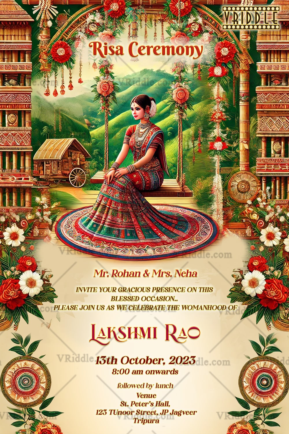 Heritage Swing Risa ceremony Invitation with Flowers and Traditional Architecture