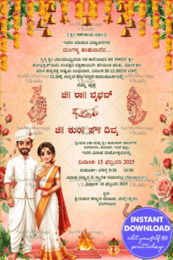 Kannada Wedding Invitation with Bride & Groom in White and Red Attire, Bells and Floral Decor